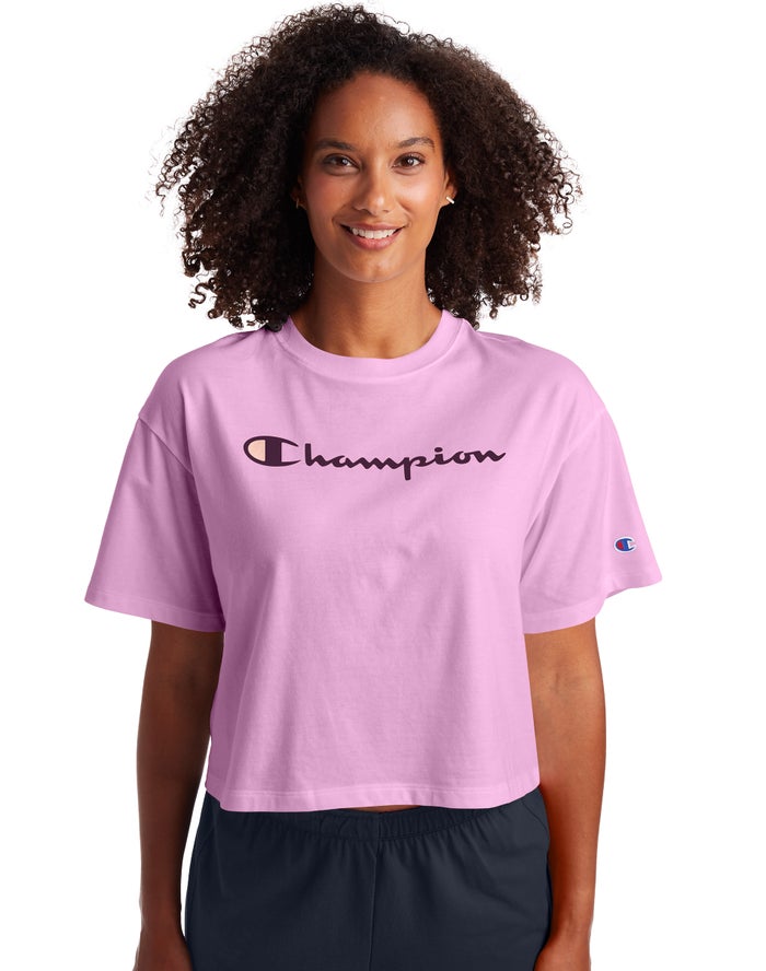 Champion Dame T-Shirts Lyserød - Cropped Script Logo - Danmark JXI-179285